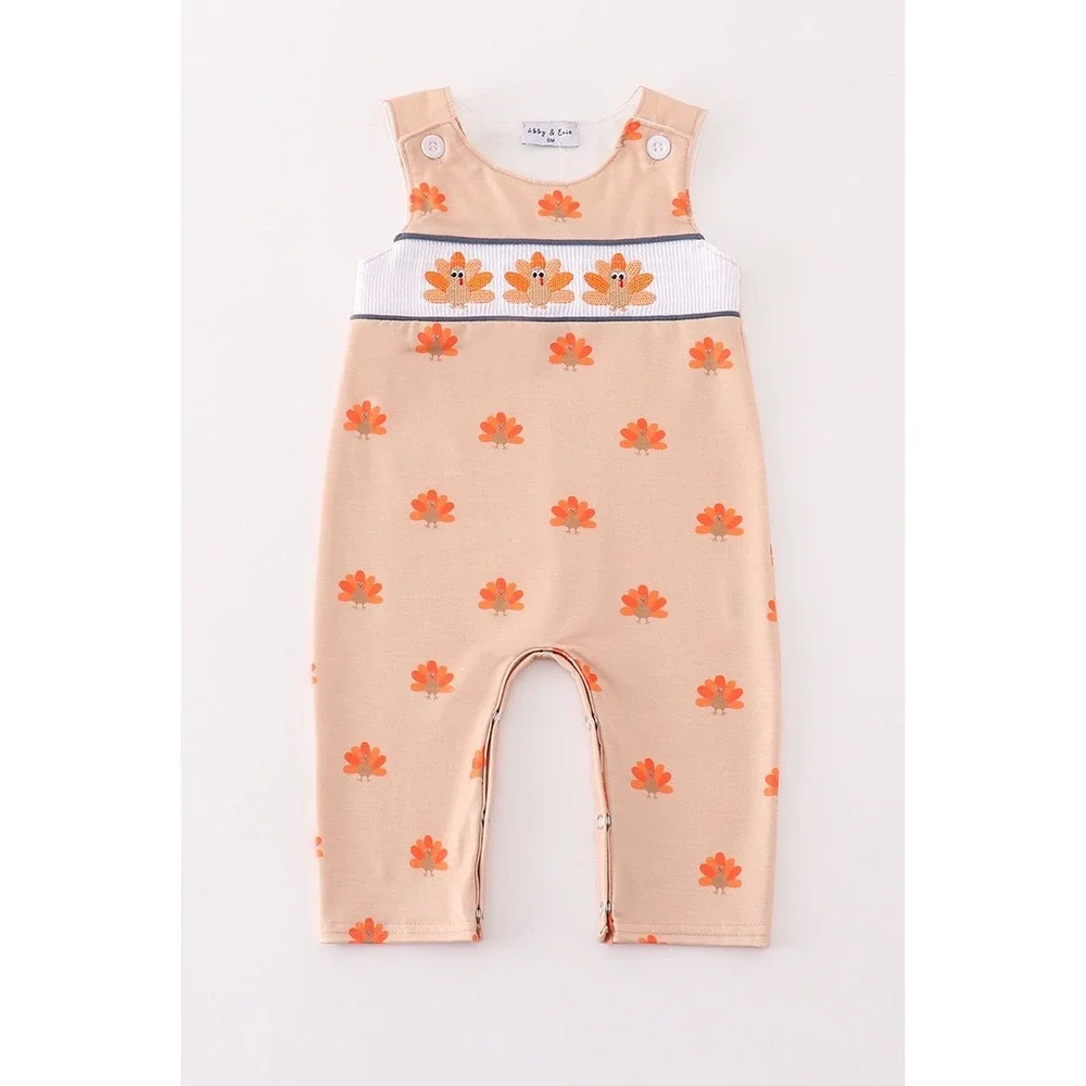 Infant 6M Turkey Romper Smocked‎ Embroidered Thanksgiving Neutral Boutique NEW